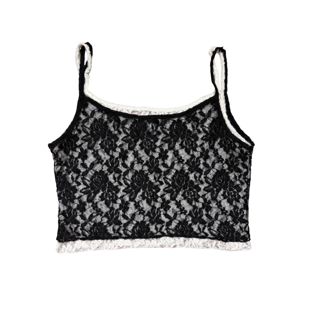 Y2K Just Polly Double Layer Lace Cami Tank XL Black White Sheer Gothic Coquette